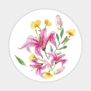 Hot Pink Watercolor Flowers and Leaves Magnet